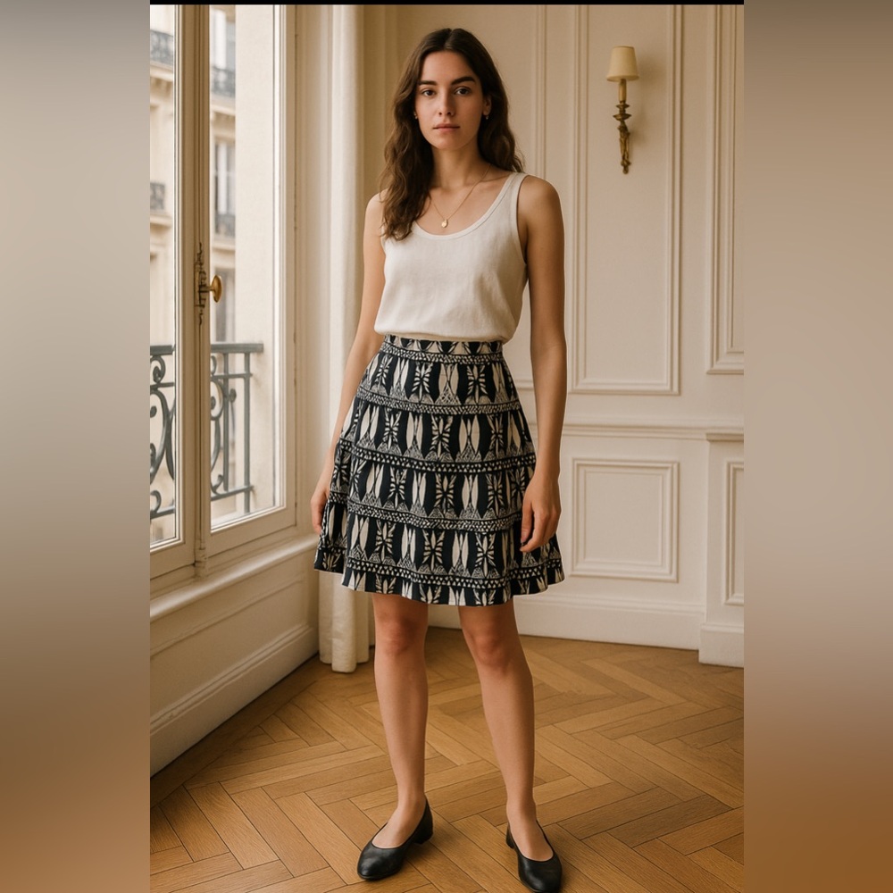 H&M Black White Abstract Geo Print Linen Skater Skirt Size 6 Pockets